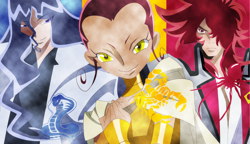 2boys, blue_eyes, blue_hair, cape, choker, cobra_(animal), cobraja, curly_hair