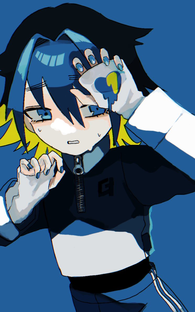 1girl, black_hair, black_jacket, blonde_hair, blue_background, blue_eyes, blue_hair, blue_nails