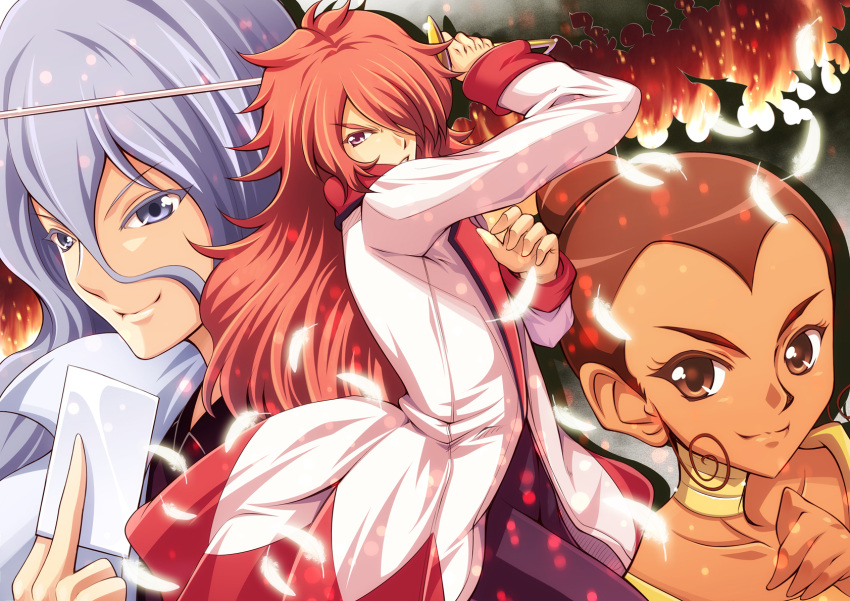 blue_hair, brown_eyes, brown_hair, choker, cobraja, curly_hair, feathers, fire