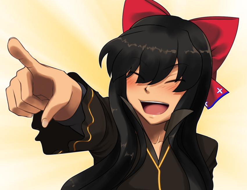 1girl, black_hair, bow, chiganemaru_(tenka_hyakken), closed_eyes, collarbone, collared_shirt, gradient_background