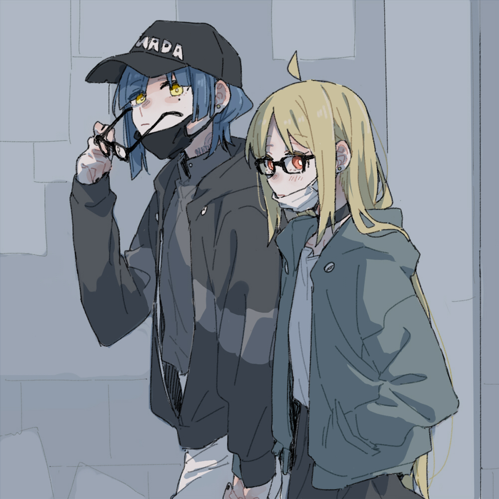 2girls, ahoge, alternate_costume, baseball_cap, black_headwear, black_jacket, black_shirt, black_skirt