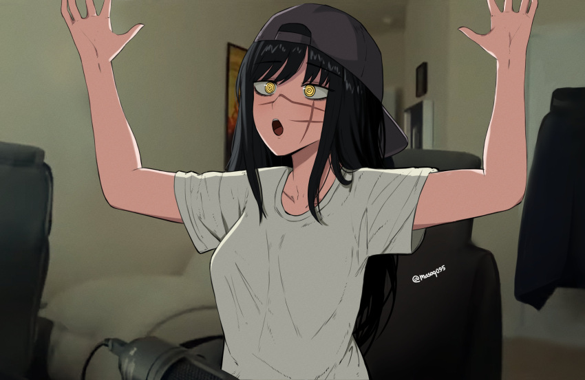 1girl, absurdres, arms_up, backwards_hat, black_hair, breasts, chainsaw_man, cosplay