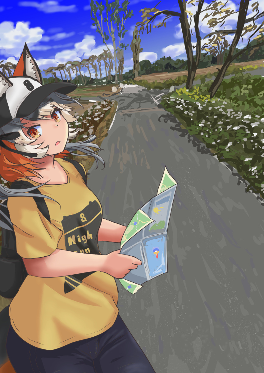 1girl, animal_ears, bag, blue_sky, extra_ears, fox_ears, fox_girl, fox_tail