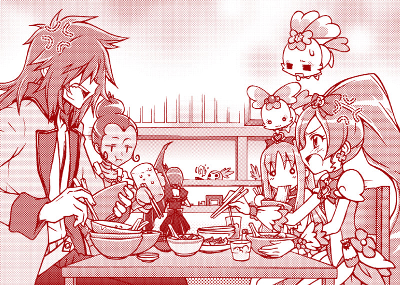 =_=, anger_vein, angry, arguing, beer_mug, chypre_(heartcatch_precure!), cobraja, coffret, coffret_(heartcatch_precure!), cure_blossom, cure_marine, dark_precure, eating, food, hair_over_eyes, hanasaki_tsubomi, heartcatch_precure!, kumojacky, kurumi_erika, magical_girl, monochrome, noodles, o_o, precure, ramen, red, sasorina, shypre, snackey, sunacky, veins, zururi