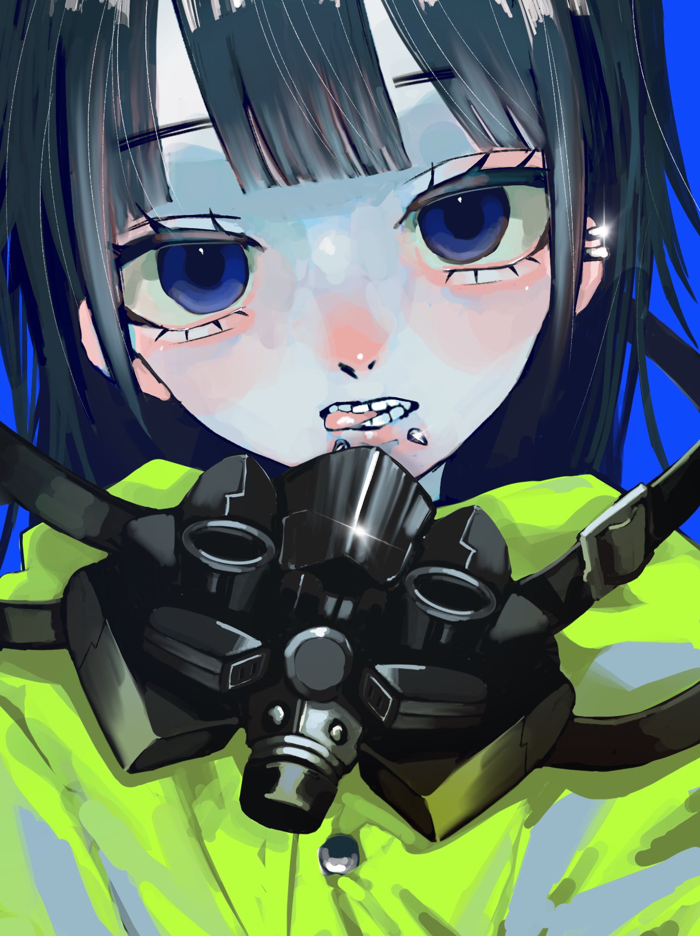 1girl, biting_tongue, blue_background, blue_eyes, blunt_bangs, buttons, ear_piercing, grey_hair