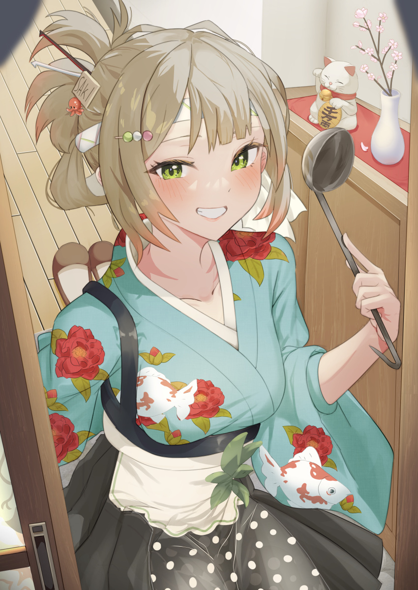 1girl, absurdres, animal_print, apron, black_skirt, blue_kimono, brown_hair, commission