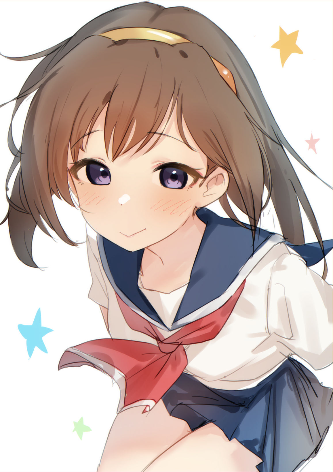 1girl, arms_behind_back, blue_sailor_collar, blue_skirt, blush, brown_hair, hairband, highres