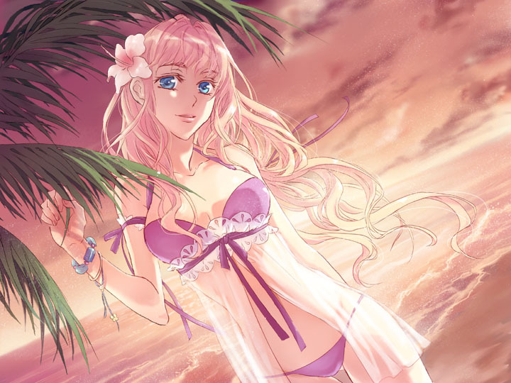 bikini, blonde_hair, blue_eyes, dutch_angle, flower, hair_flower, hair_ornament, hibiscus