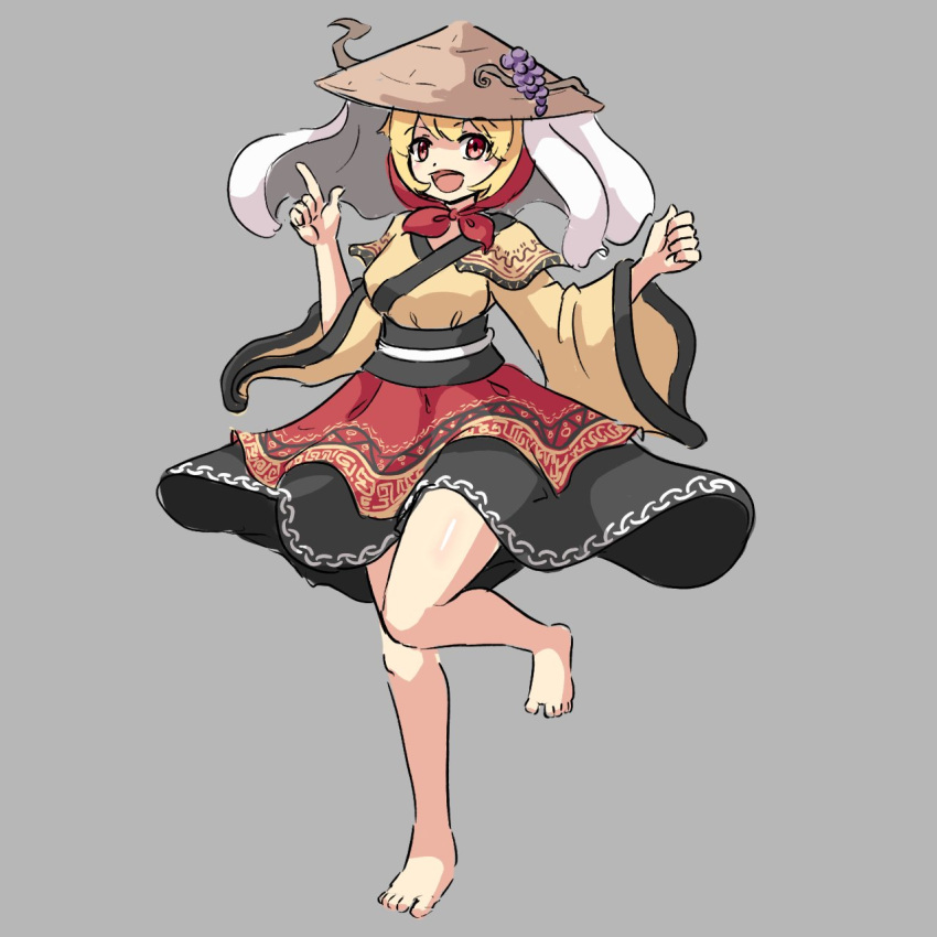 1girl, adapted_costume, ajirogasa, aki_minoriko, barefoot, black_skirt, blonde_hair, commentary