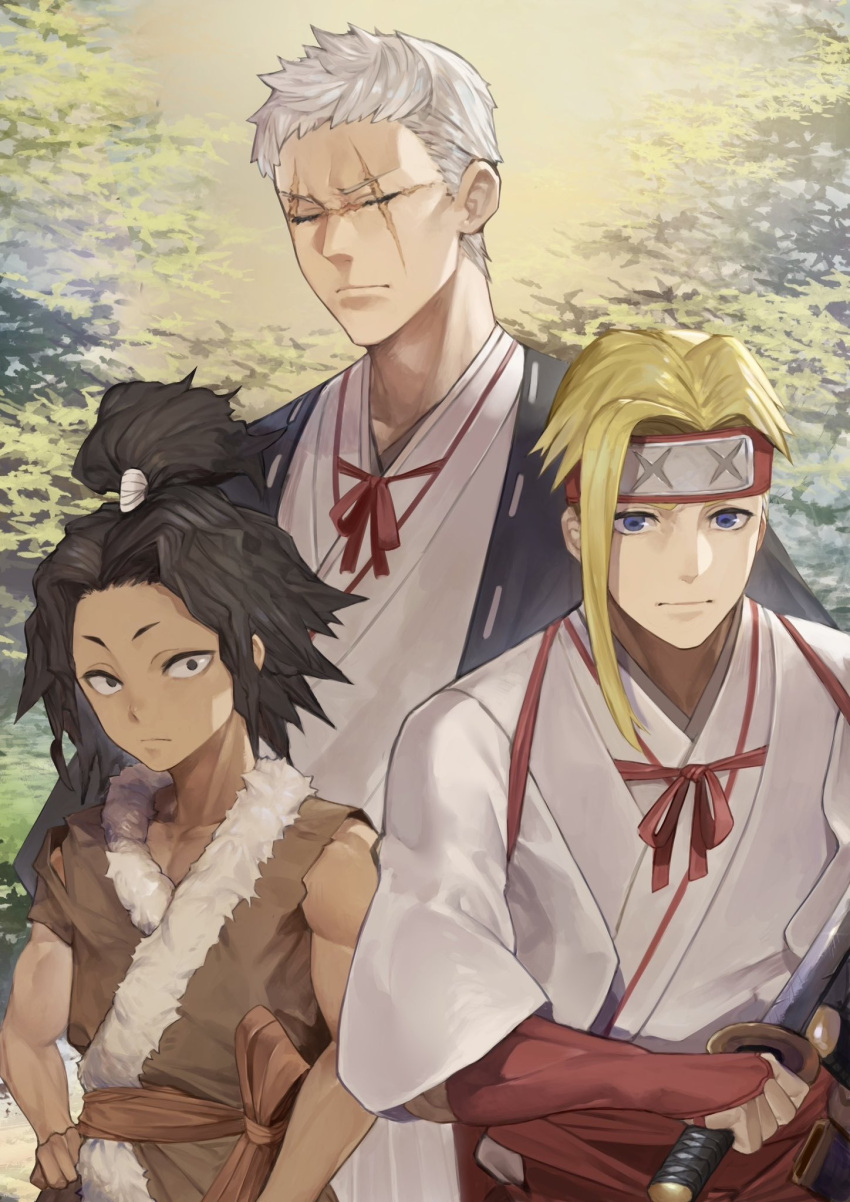1girl, 2boys, black_hair, blind, blonde_hair, bridal_gauntlets, brown_robe, brown_sash