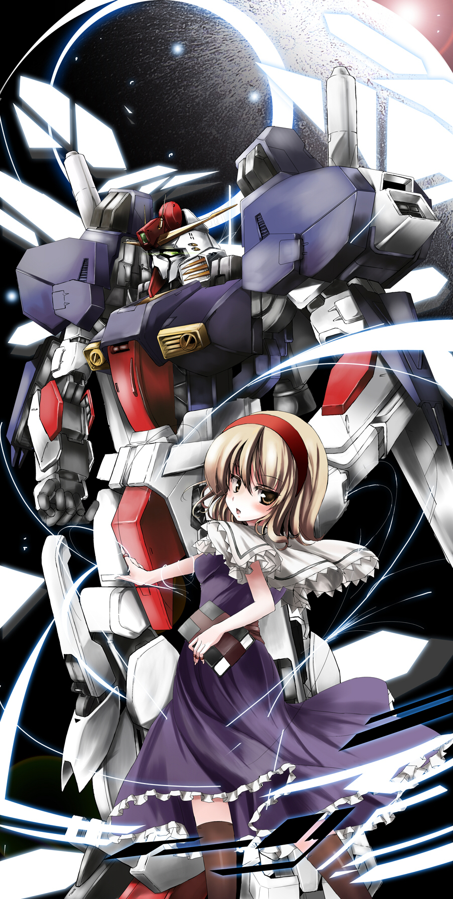 alice_margatroid, azuma_kurume, blonde_hair, capelet, gundam, gundam_sentinel, hairband, highres