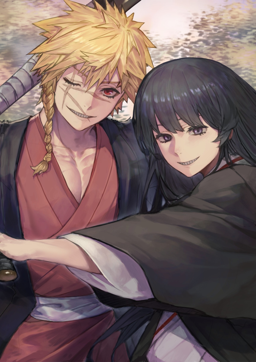2boys, absurdres, axe, aza_choubei, aza_touma, black_hair, blonde_hair, braid