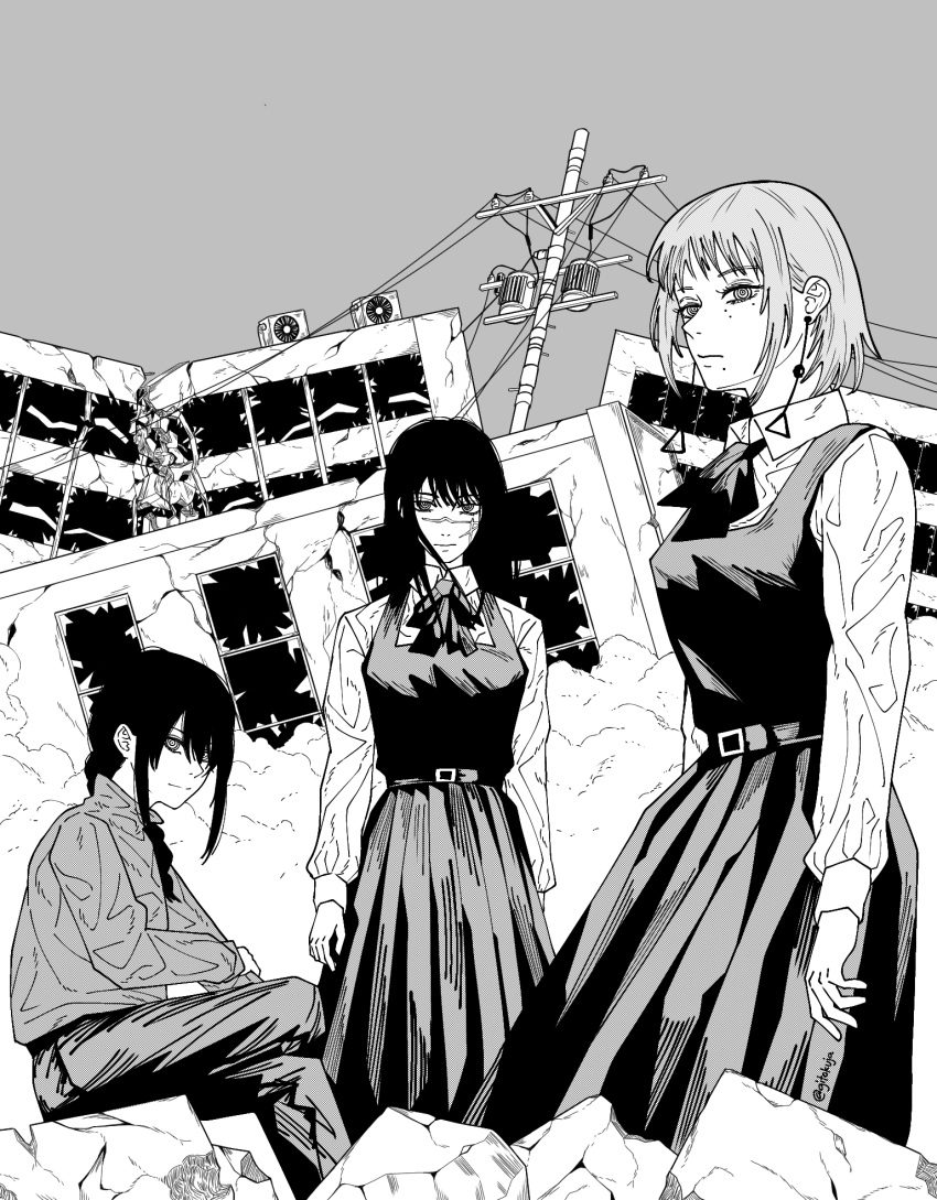 3girls, black_hair, chainsaw_man, cross_scar, dress, earrings, fami_(chainsaw_man), fujimoto_tatsuki_(style), gitokuja, greyscale, highres, jewelry, mitaka_asa, monochrome, multiple_girls, multiple_moles, nayuta_(chainsaw_man), pinafore_dress, ringed_eyes, scar, scar_on_face, school_uniform, sleeveless, sleeveless_dress, tassel, tassel_earrings, war_devil_(chainsaw_man), yoru_(chainsaw_man)