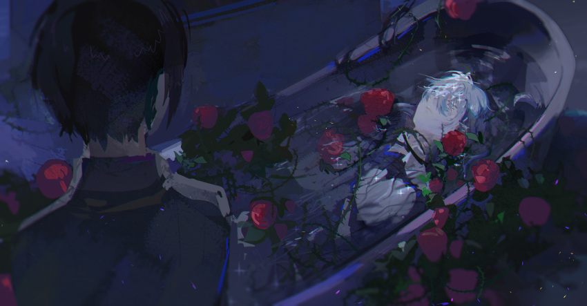2boys, absurdres, bai_liu, bath, black_hair, flower, highres, i_became_a_god_in_a_horror_game, kakin666, looking_at_another, multiple_boys, red_flower, red_rose, rose, short_hair, sleeping, tavel, underwater, waves, white_hair