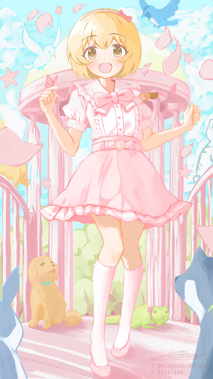 1girl, :d, bird, blonde_hair, blue_sky, bluebird, blush, bob_cut, bow, bug, butterfly, butterfly_on_hand, center_frills, day, dot_nose, falling_petals, frilled_shirt, frills, full_body, hair_bow, hairband, high-waist_skirt, highres, idolmaster, idolmaster_cinderella_girls, kneehighs, knees_together_feet_apart, koga_koharu, looking_at_viewer, open_mouth, outdoors, petals, pink_bow, pink_footwear, pink_hairband, pink_shirt, pink_skirt, puffy_short_sleeves, puffy_sleeves, raised_eyebrows, shirt, shirt_tucked_in, shirubaa, shoes, short_hair, short_sleeves, sidelocks, signature, skirt, sky, smile, socks, solo, star_(symbol), thighs, watermark, white_bird, white_socks, yellow_eyes