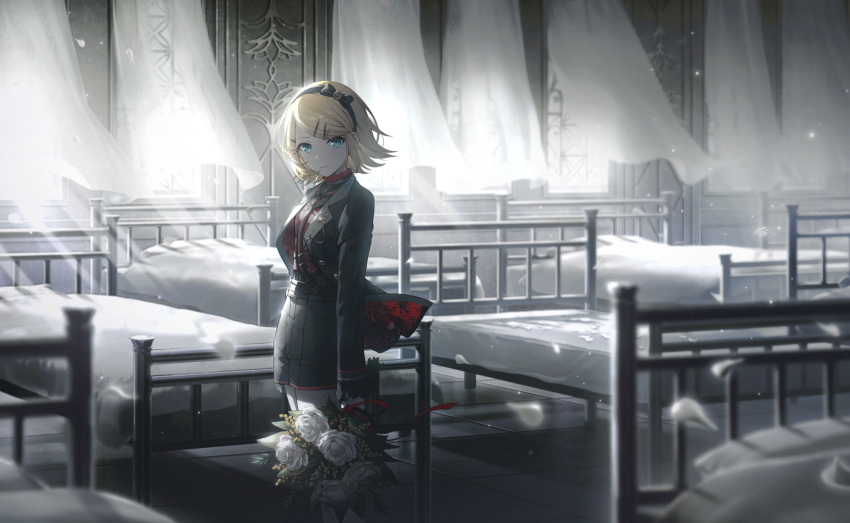 1girl, backlighting, bed, bed_frame, bed_sheet, belt, black_belt, black_bow