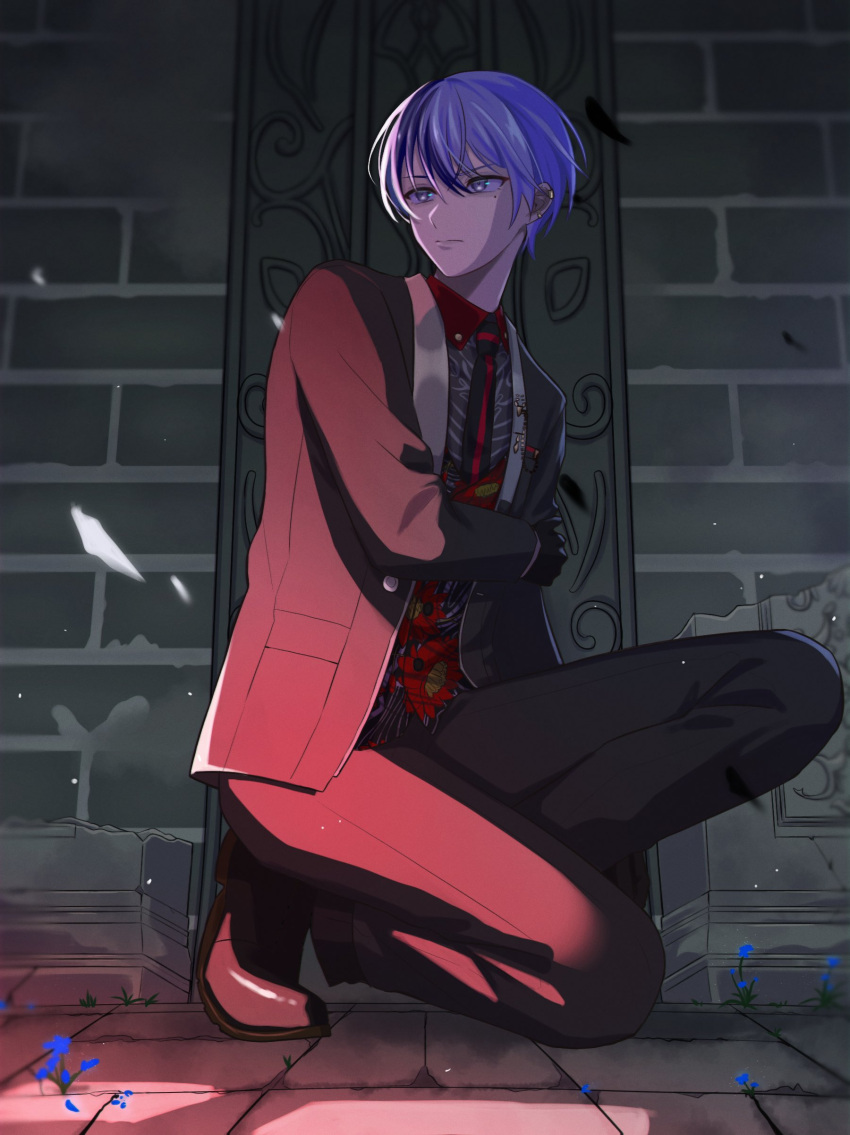 1boy, absurdres, aoyagi_touya, black_gloves, blue_hair, breast_pocket, collared_shirt, commentary_request