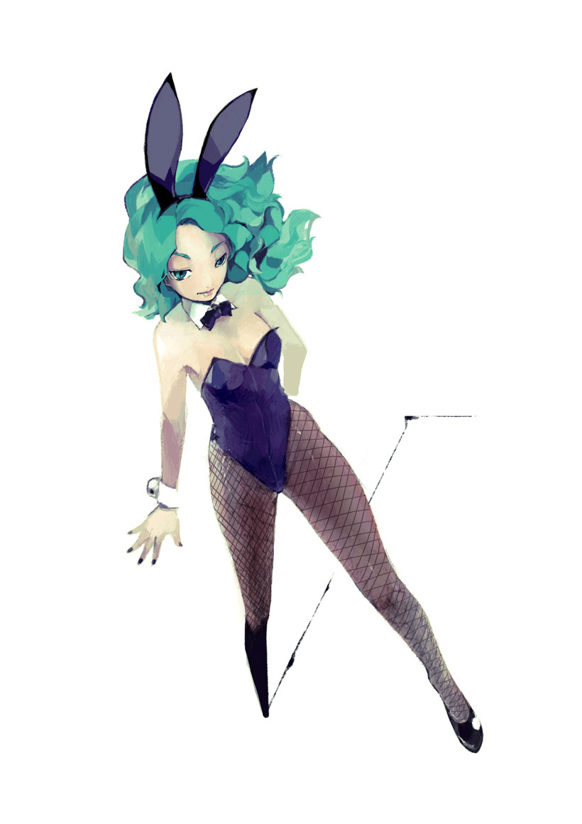 bunny_ears, bunnysuit, fishnet_pantyhose, fishnets, green_eyes, green_hair, original, pantyhose