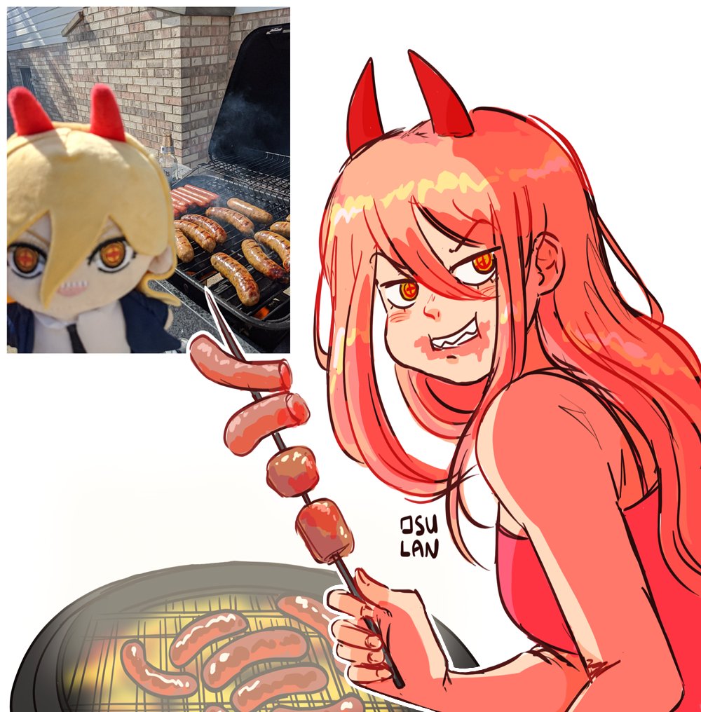 1girl, artist_name, blonde_hair, brown_hair, chainsaw_man, character_doll, cooking, cross-shaped_pupils