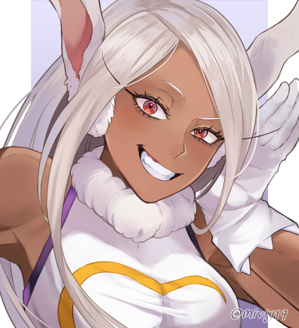 1girl, :d, animal_ears, bare_shoulders, boku_no_hero_academia, breasts, close-up, crescent_print