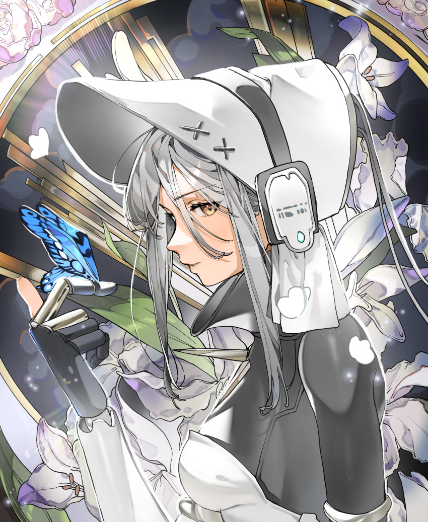 1girl, absurdres, bonnet, breasts, bug, butterfly, butterfly_on_hand, commentary, dress, english_commentary, flower, grey_hair, haicma_(punishing:_gray_raven), hair_between_eyes, headphones, highres, joints, long_hair, looking_at_viewer, mechanical_arms, mechanical_parts, medium_breasts, parted_lips, pink_flower, profile, punishing:_gray_raven, purple_flower, robot_joints, sidelocks, solo, strapless, strapless_dress, upper_body, white_dress, white_headwear, yellow_eyes, yongsadragon