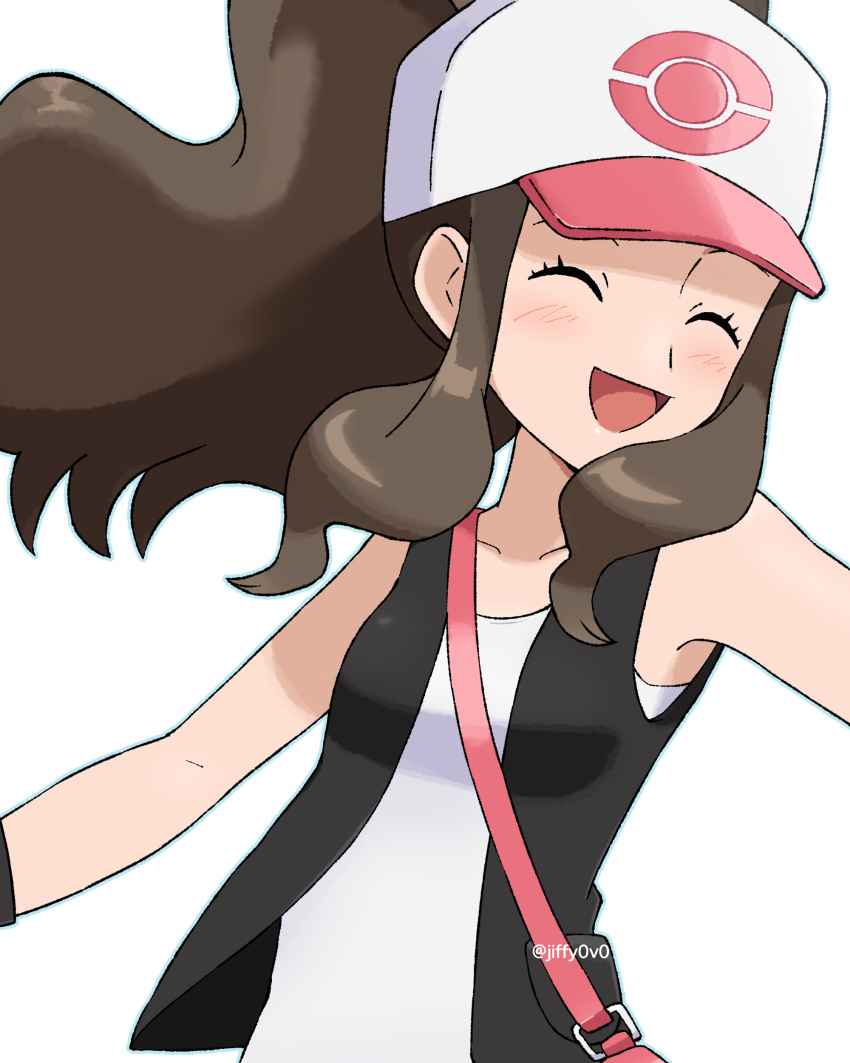 1girl, :d, absurdres, bag, black_vest, blush, brown_hair, closed_eyes