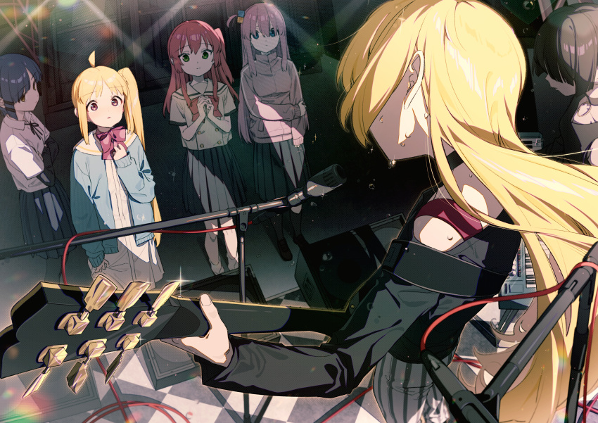 6+girls, absurdres, ahoge, black_choker, black_pantyhose, black_ribbon, black_shirt, blonde_hair