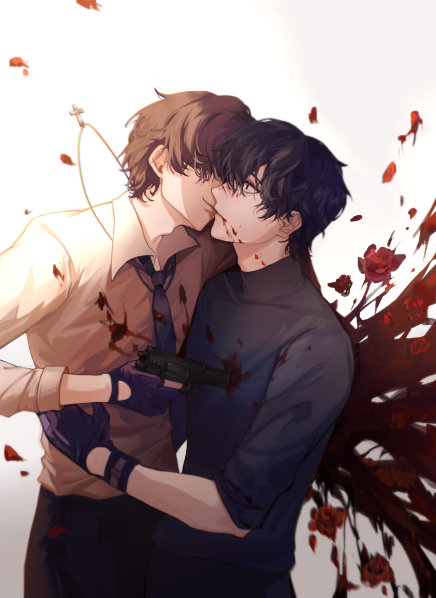 2boys, absurdres, bai_liu, black_gloves, black_hair, black_necktie, blood, chromatic_aberration, cross, cross_necklace, face-to-face, flower, gloves, gun, highres, holding, holding_gun, holding_weapon, i_became_a_god_in_a_horror_game, jewelry, long_sleeves, male_focus, multiple_boys, necklace, necktie, profile, red_flower, red_rose, rose, shengshu492, shirt, tavel, weapon, white_shirt