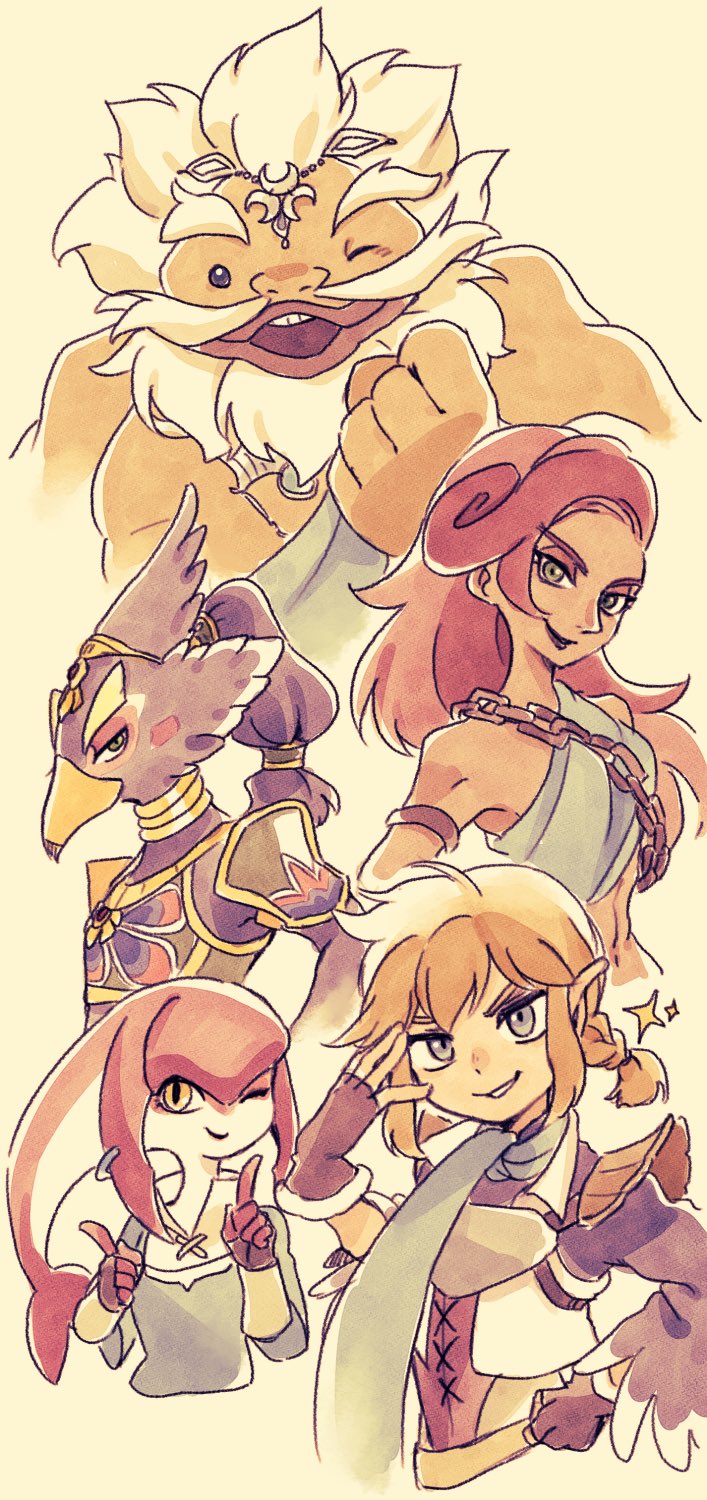 2girls, 3boys, alternate_hairstyle, armlet, armor, bare_shoulders, beak, beard