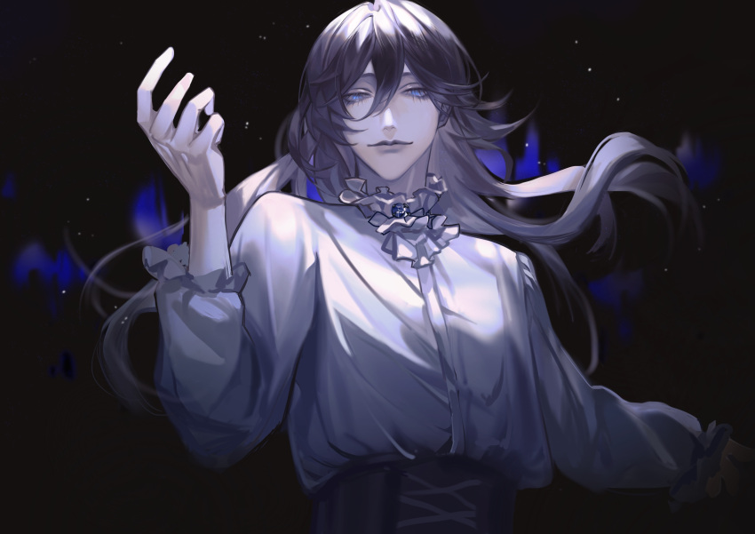 1boy, absurdres, arm_up, bai_liu, brown_hair, corset, frilled_shirt_collar, frilled_sleeves