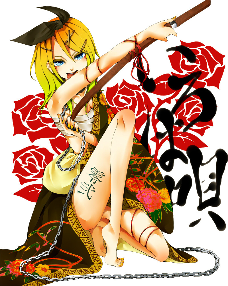 bad_id, barefoot, blonde_hair, chain, full_body, hair_ornament, hair_ribbon, hairclip, iroha_uta_(vocaloid), japanese_clothes, kagamine_rin, katana, kimono, nail_polish, ribbon, sarashi, short_hair, smile, solo, sword, tattoo, tongue, vocaloid, weapon, yukka_91