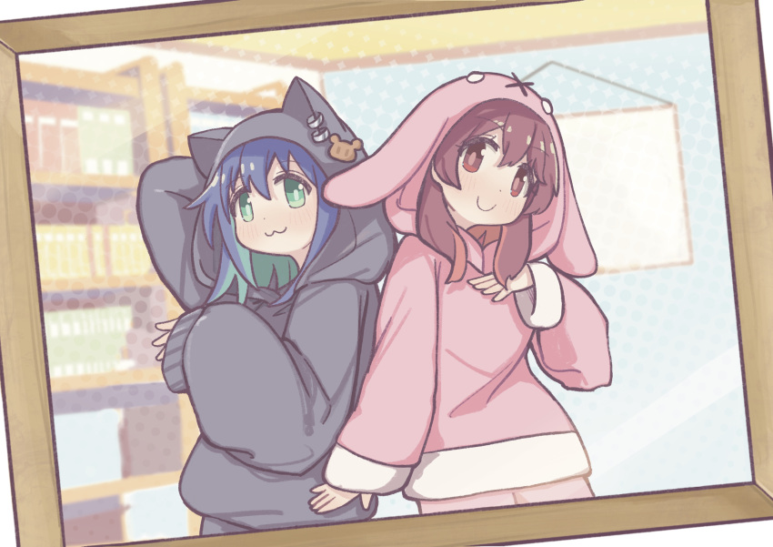 2girls, :3, absurdres, animal_hood, aqua_hair, arm_behind_head, arm_up, black_pajamas