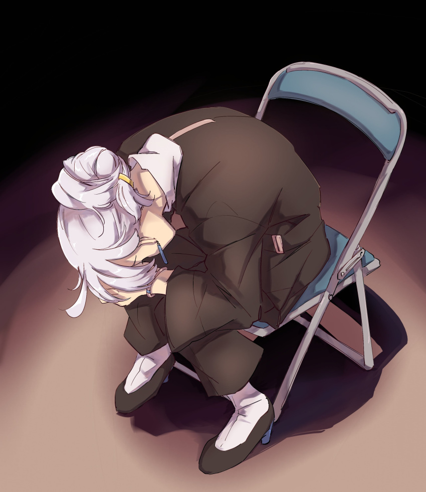 1girl, absurdres, black_footwear, black_pants, bracelet, chair, earrings, folding_chair