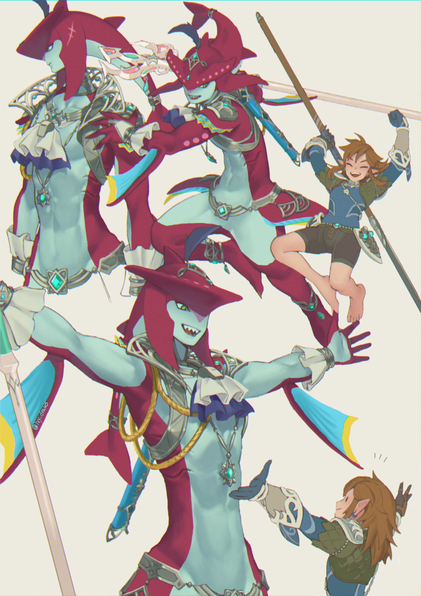 2boys, ascot, blonde_hair, blue_ascot, blue_eyes, colored_skin, earrings, fish_boy