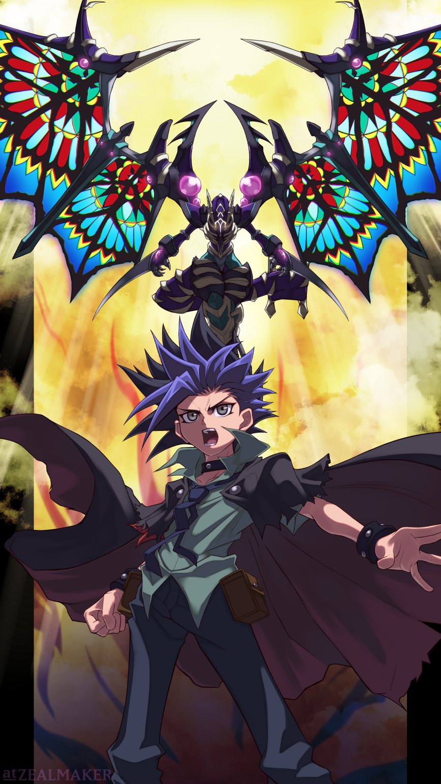 1boy, black_cloak, black_hair, choker, cloak, clouds, cloudy_sky, collared_shirt, dark_requiem_xyz_dragon, duel_monster, dyed_bangs, feet_out_of_frame, flying, highres, jacket, light_rays, loose_necktie, male_focus, multicolored_hair, necktie, orange_sky, orb, purple_hair, serious, shirt, shouting, sky, spiky_hair, spread_wings, stained_glass, standing, torn_cloak, torn_clothes, two-tone_hair, yu-gi-oh!, yu-gi-oh!_arc-v, yuuto_(yu-gi-oh!), zealmaker
