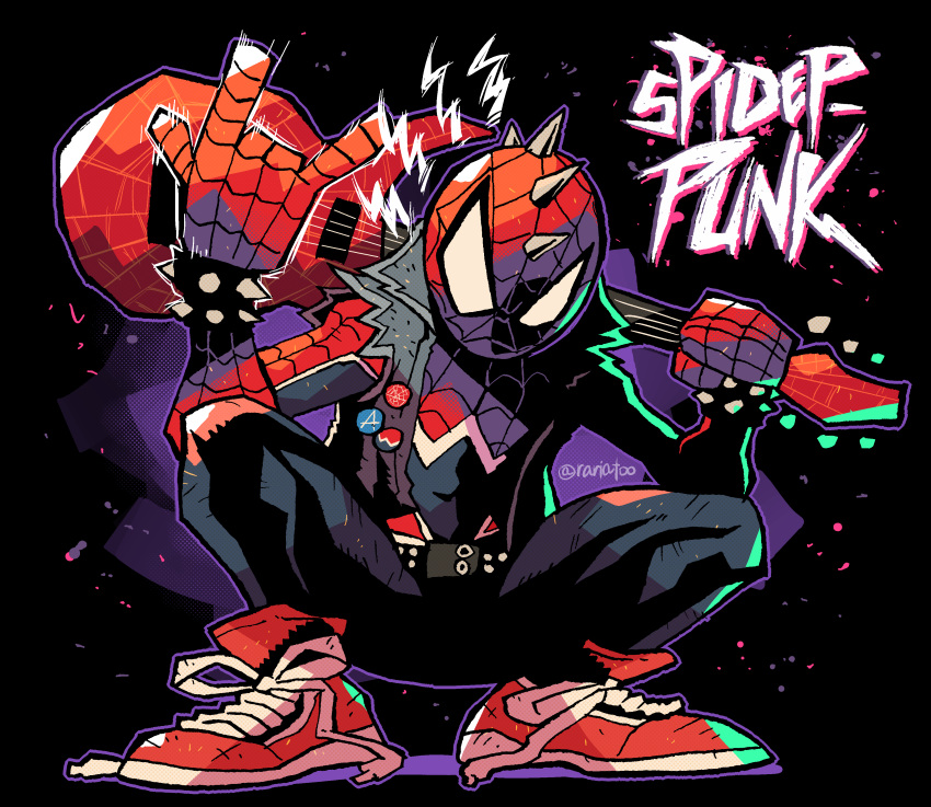 1boy, \m/, absurdres, electric_guitar, guitar, highres, holding, holding_instrument, instrument, looking_at_viewer, male_focus, marvel, mask, punk, rariatto_(ganguri), red_footwear, shoes, sneakers, solo, spider-man:_across_the_spider-verse, spider-man_(series), spider-punk, spikes, squatting, vest