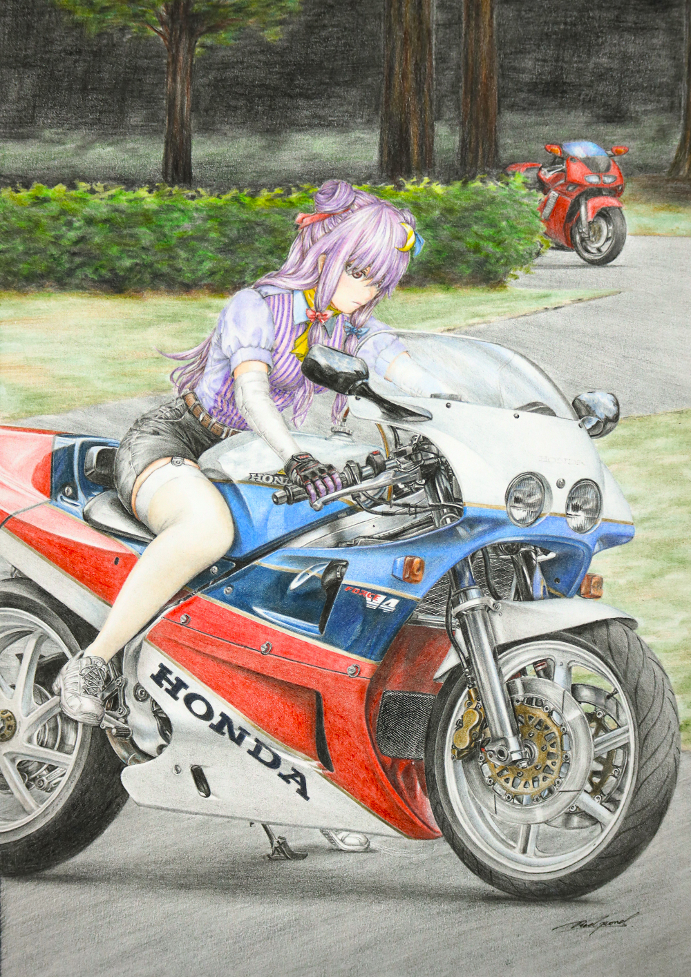 1girl, alternate_costume, highres, honda, motor_vehicle, motorcycle, patchouli_knowledge, red_pond, solo, tagme, touhou, traditional_media