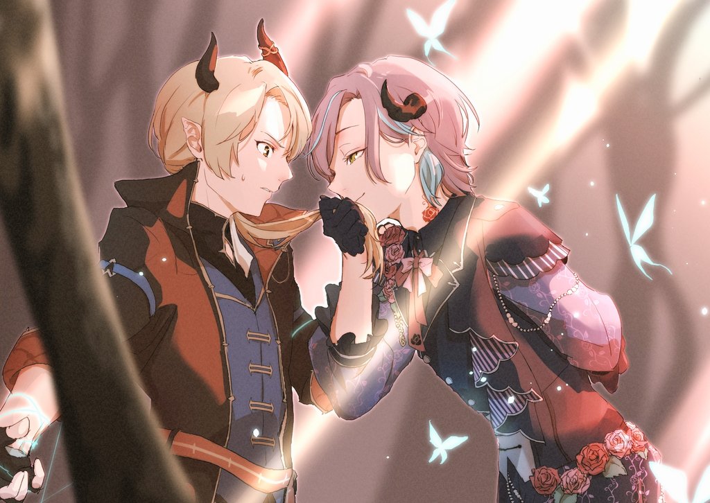2boys, 3nobu_nob, aqua_hair, arm_behind_back, black_gloves, blonde_hair, blurry, blurry_background