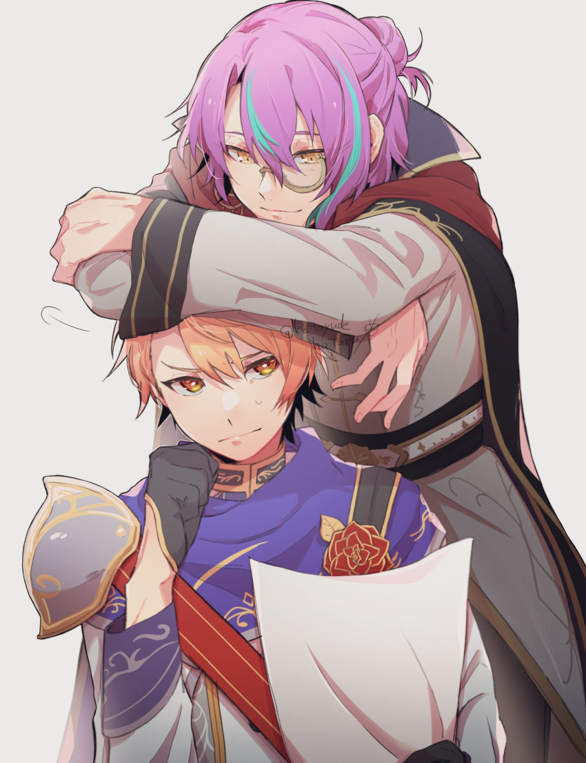 2boys, aqua_hair, black_gloves, cape, clenched_hand, closed_mouth, commentary_request, gloves, grey_background, hair_bun, highres, holding, holding_paper, kaitou_shinshi_no_harahara!?_white_day_(project_sekai), kamishiro_rui, katayudehotaru, long_sleeves, looking_at_another, monocle, multicolored_hair, multiple_boys, never_give_up_cooking!_(project_sekai), official_alternate_costume, official_alternate_hairstyle, orange_eyes, orange_hair, paper, project_sekai, purple_hair, short_hair, simple_background, streaked_hair, tenma_tsukasa, upper_body, yellow_eyes