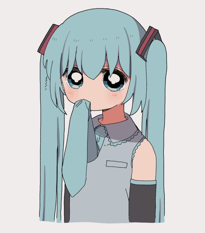 1girl, blue_eyes, blue_hair, blue_shirt, detached_sleeves, facing_viewer, hatsune_miku, highres, long_hair, looking_at_viewer, necktie, necktie_on_mouth, nekokawaii_milk, shirt, simple_background, solo, twintails, upper_body, vocaloid, white_background
