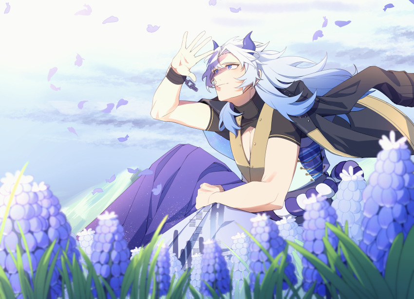 1boy, absurdres, akaie11, black_jacket, blue_eyes, blue_flower, blue_hair, chain