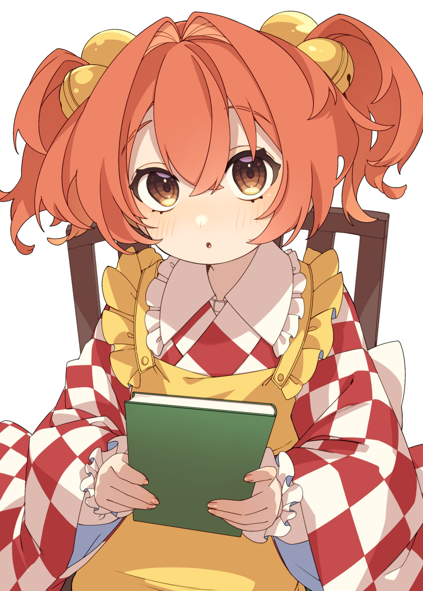 1girl, absurdres, apron, bell, blush, book, chair, checkered_clothes