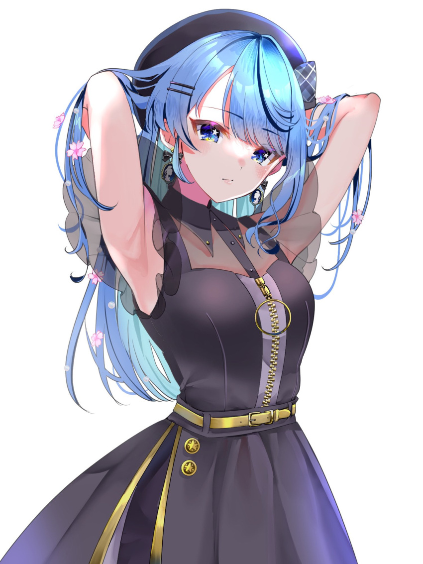 1girl, armpits, beret, blue_eyes, blue_hair, casual, closed_mouth, dress