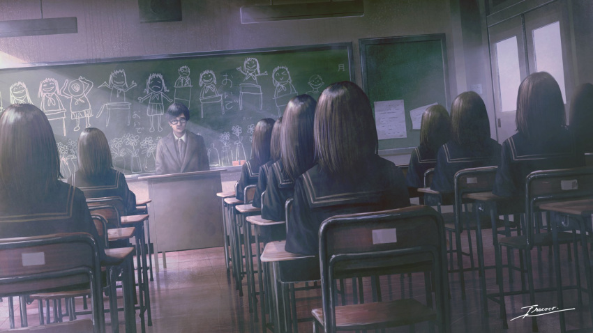 1boy, 6+girls, black_hair, black_jacket, blue_sailor_collar, blue_serafuku, blue_shirt, brown_hair