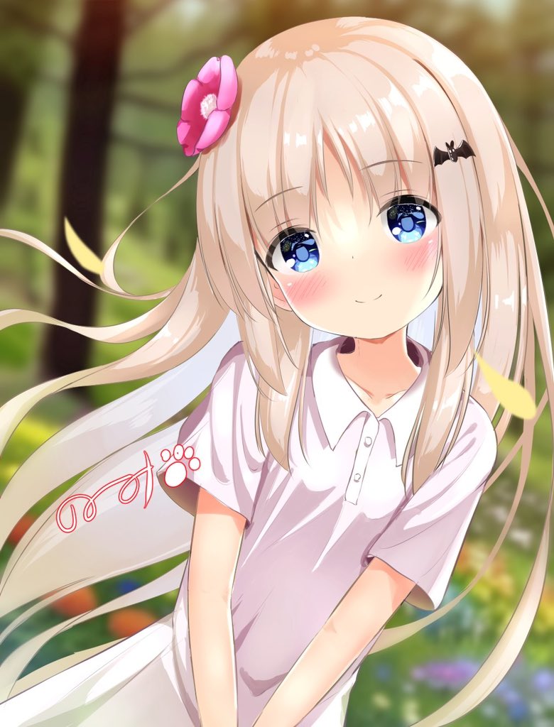 1girl, bat_hair_ornament, blonde_hair, blue_eyes, blush, dress, flower, hair_flower