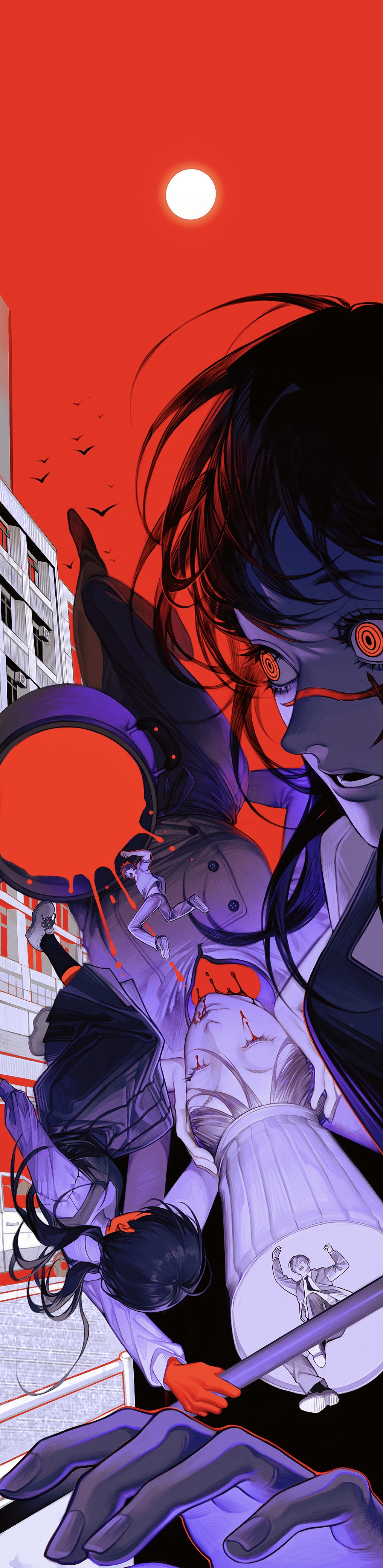 2boys, 3girls, absurdres, apron, black_hair, blood, blood_drip, blood_from_eyes