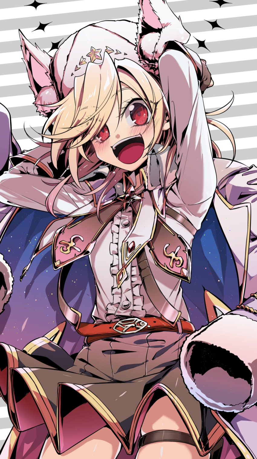 1girl, :d, animal_ears, arms_behind_back, belt, blonde_hair, blush, breasts, brown_gloves, brown_neckerchief, brown_skirt, coat, commentary, commission, cowboy_shot, english_commentary, erotunabe, eyes_visible_through_hair, fake_animal_ears, fur-trimmed_coat, fur_hat, fur_trim, girls_frontline, gloves, hat, highres, long_sleeves, looking_at_viewer, nagant_revolver_(girls'_frontline), nagant_revolver_(mod3)_(girls'_frontline), neckerchief, open_mouth, pleated_skirt, red_belt, red_eyes, shirt, shirt_tucked_in, skeb_commission, skirt, small_breasts, smile, solo, thigh_strap, ushanka, white_coat, white_headwear, white_shirt