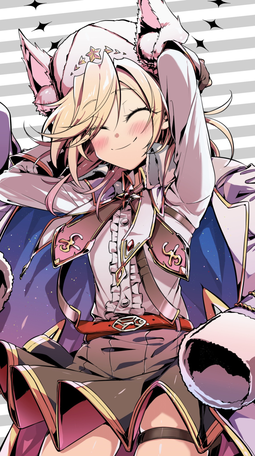 1girl, animal_ears, arms_behind_back, belt, blonde_hair, blush, breasts, brown_gloves