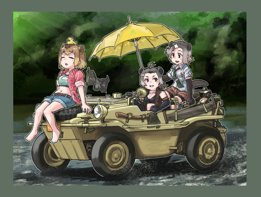 3girls, absurdres, american_beaver_(kemono_friends), amphibious_ground_vehicle, animal_ears, antenna_hair, axe, barefoot