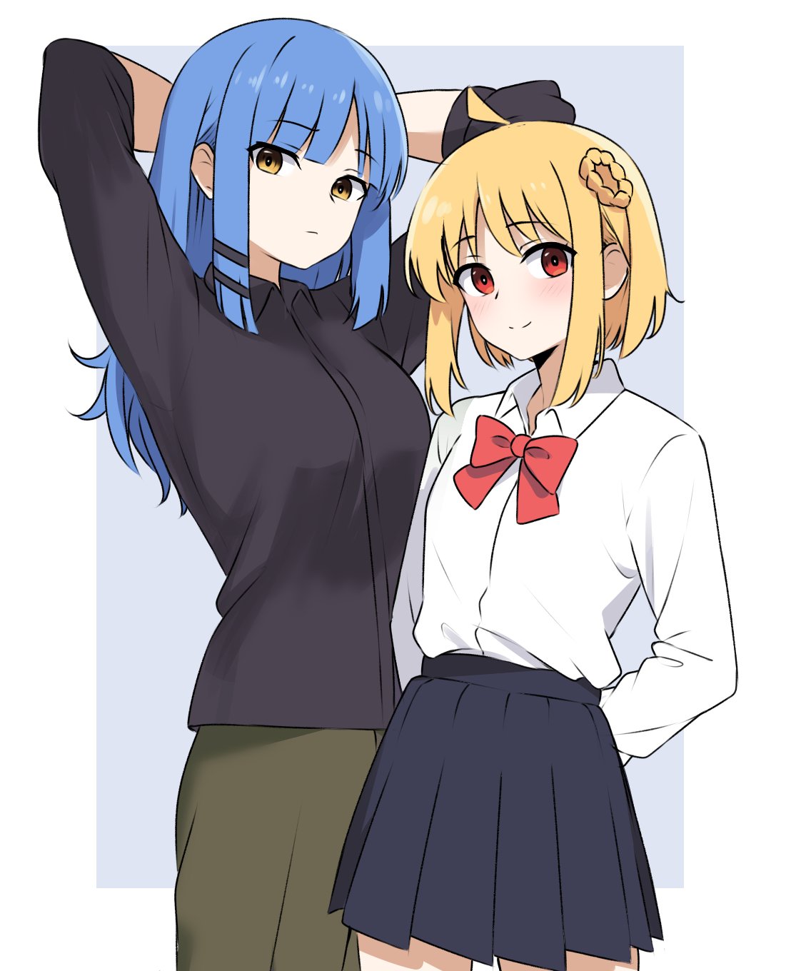 2girls, alternate_hair_length, alternate_hairstyle, amogan, arms_behind_back, arms_behind_head, black_shirt, black_skirt, blonde_hair, blue_hair, blush, bocchi_the_rock!, bow, bowtie, brown_skirt, closed_mouth, collared_shirt, highres, ijichi_nijika, long_hair, long_sleeves, looking_at_viewer, multiple_girls, pleated_skirt, red_bow, red_bowtie, red_eyes, shirt, short_hair, skirt, smile, white_shirt, yamada_ryou, yellow_eyes